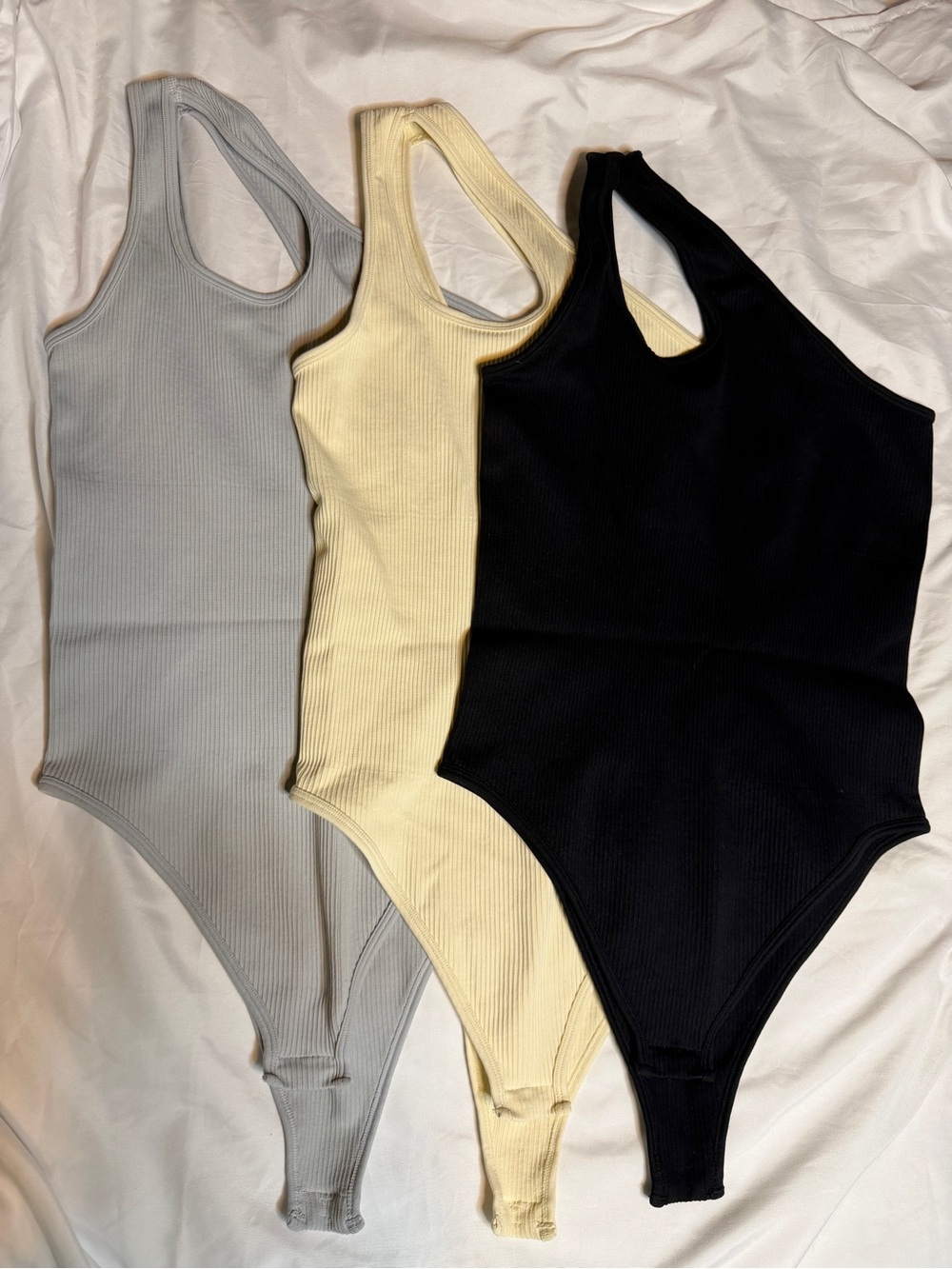 Ribbed One-Shoulder Bodysuit - Gray, Cream & Black